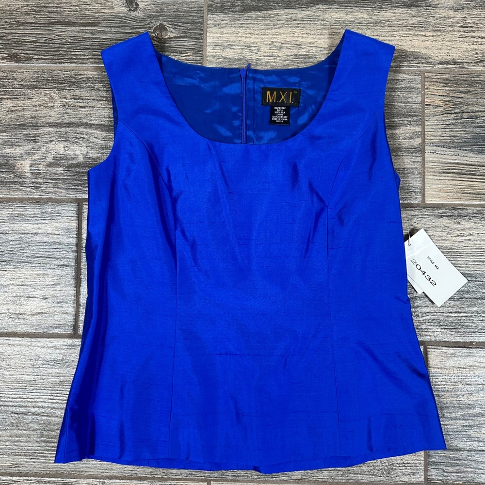 Vintage M.X.I. 100% Silk Blouse Size 8 Royal Blue Sleeveless NWT 90s Evening Top